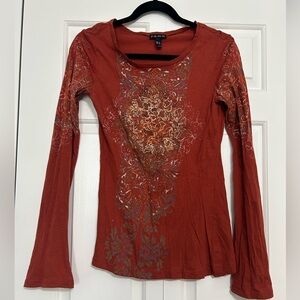 Vintage Y2K FANG Rust Red Long Sleeve Scoop Neck Top with Metallic Floral Print